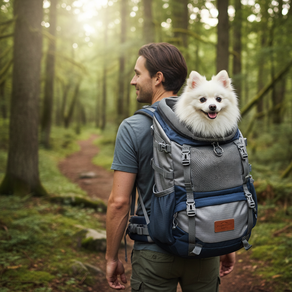 푸른 숲길을 배경으로 등산용 전문가급 반려동물 백팩을 착용한 하이커의 모습, 백팩 상단으로 머리를 내민 하얀색 포메라니안과 가방의 견고한 질감이 강조된 아웃도어 사진