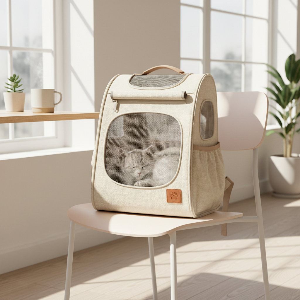 채광이 좋은 미니멀리즘 카페 의자 위에 놓인 크림색 반려동물 전용 백팩, 메쉬 사이로 평온하게 잠든 아기 고양이의 모습이 담긴 감성적이고 따뜻한 분위기의 라이프스타일 컷