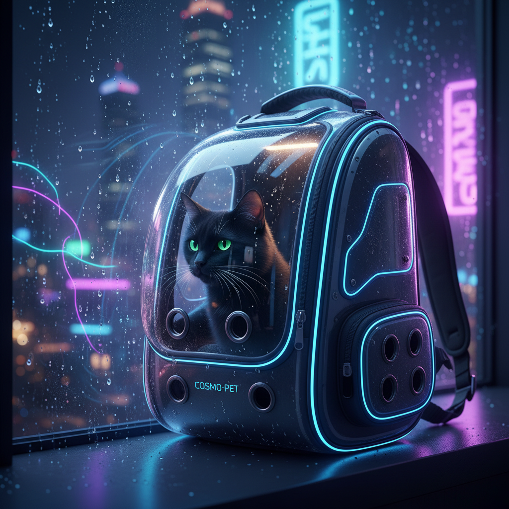 비 오는 날 유리창에 맺힌 물방울과 대조를 이루는 우주선 캡슐 모양의 방수 반려동물 백팩, 가방 안에서 밖을 응시하는 검은 고양이와 네온 사인이 반사된 몽환적인 야경