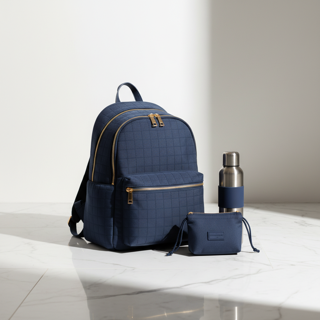 고급스러운 대리석 바닥 위에 놓인 네이비 컬러의 반려동물 백팩과 휴대용 물병, 간식 주머니가 조화롭게 배치된 전문적인 제품 광고 스타일의 스튜디오 사진