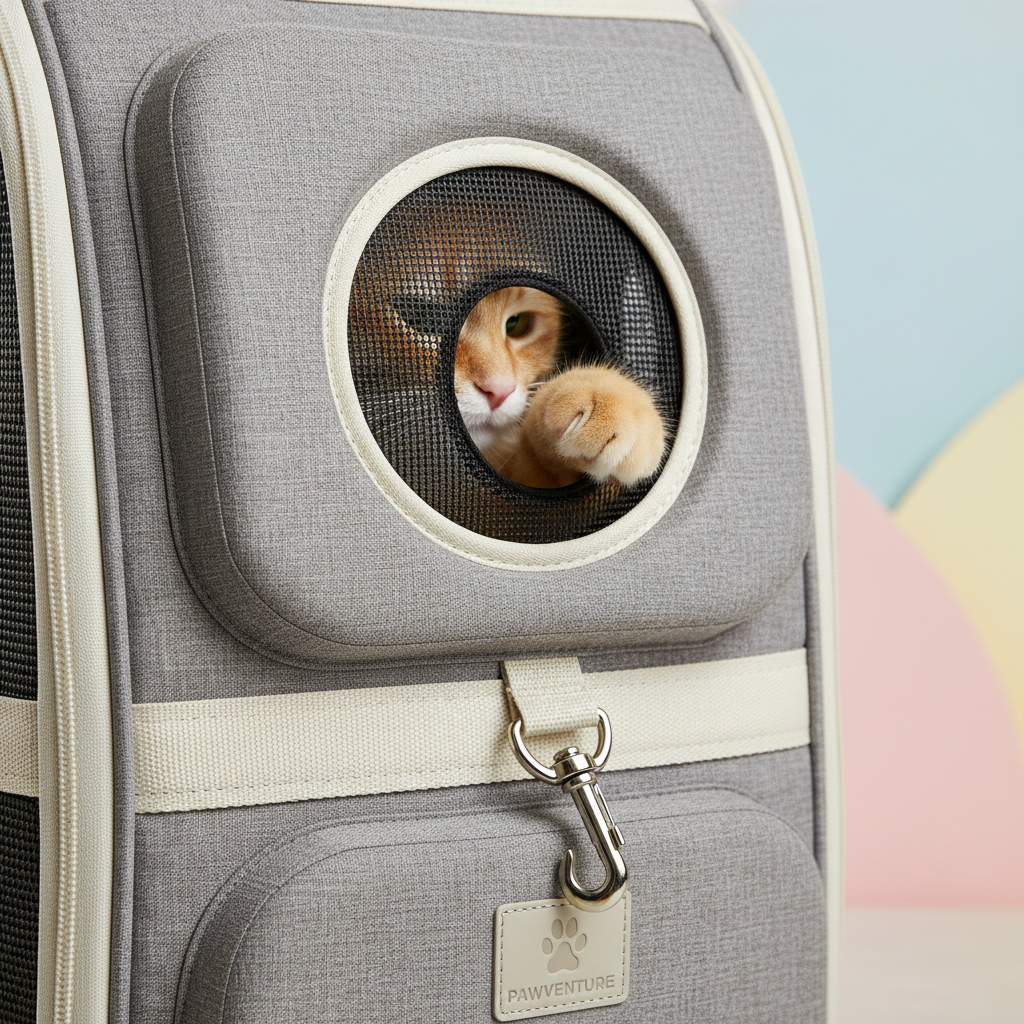 반려동물 백팩의 인체공학적 등판 패딩과 안전 고리 기능을 상세하게 보여주는 클로즈업 샷, 가방 안쪽에서 메쉬를 건드리는 고양이 발과 부드러운 파스텔 톤의 배경